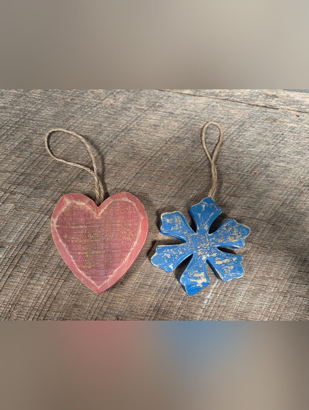 Rustic Wooden Heart and Snowflake Christmas Ornaments - Set of 2 ~ Farmhouse 1N